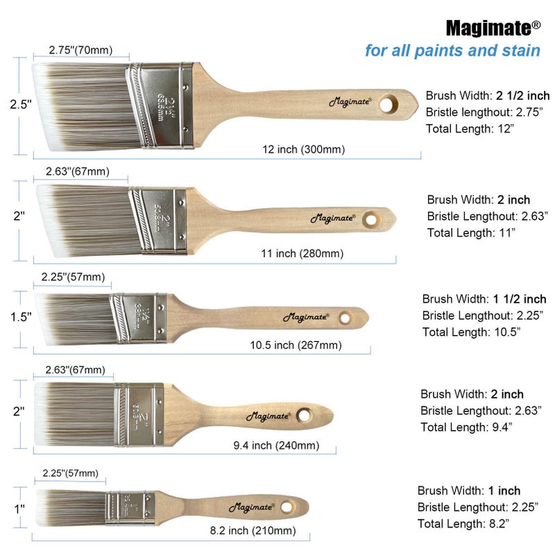 Magimate Wood Stain Paint Brush Set Angled Sash and Flat Painting Brushes Assortment for Baseboards, Wall Trim, House Touch-Ups, Cabinets and Fence Staining, Pack of 5 - Image 2